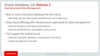 Copyright © 2015, Oracle and/or its affiliates. All rights reserved. |
Oracle Database 12c Release 2
• Best in class enterprise database for the cloud
– With RAC, Active Data Guard, Multitenant and In-Memory
• Only cloud offering with infrastructure optimized for data management
– General Purpose and Engineered Systems
– Extreme performance, availability, and security
• Full support for hybrid cloud
– Graceful migration between on-premises and cloud
– Single management console
11
Next Generation Data Management
 