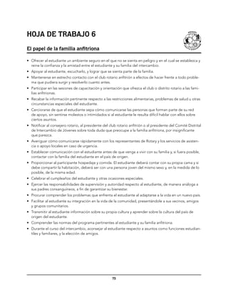 Hoja de trabajo 6
El papel de la familia anfitriona

•	 Ofrecer al estudiante un ambiente seguro en el que no se sienta en peligro y en el cual se establezca y
   reine la confianza y la amistad entre el estudiante y su familia del intercambio.
•	 Apoyar al estudiante, escucharlo, y lograr que se sienta parte de la familia.
•	 Mantenerse en estrecho contacto con el club rotario anfitrión a efectos de hacer frente a todo proble-
   ma que pudiera surgir y resolverlo cuanto antes.
•	 Participar en las sesiones de capacitación y orientación que ofrezca el club o distrito rotario a las fami-
   lias anfitrionas.
•	 Recabar la información pertinente respecto a las restricciones alimentarias, problemas de salud u otras
   circunstancias especiales del estudiante.
•	 Cerciorarse de que el estudiante sepa cómo comunicarse las personas que forman parte de su red
   de apoyo, sin sentirse molestos o intimidados si al estudiante le resulta difícil hablar con ellos sobre
   ciertos asuntos.
•	 Notificar al consejero rotario, al presidente del club rotario anfitrión o al presidente del Comité Distrital
   de Intercambio de Jóvenes sobre toda duda que preocupe a la familia anfitriona, por insignificante
   que parezca.
•	 Averiguar cómo comunicarse rápidamente con los representantes de Rotary y los servicios de asisten-
   cia o apoyo locales en caso de urgencia.
•	 Establecer comunicación con el estudiante antes de que venga a vivir con su familia y, si fuera posible,
   contactar con la familia del estudiante en el país de origen.
•	 Proporcionar al participante hospedaje y comida. El estudiante deberá contar con su propia cama y si
   debe compartir la habitación, deberá ser con una persona joven del mismo sexo y, en la medida de lo
   posible, de la misma edad.
•	 Celebrar el cumpleaños del estudiante y otras ocasiones especiales.
•	 Ejercer las responsabilidades de supervisión y autoridad respecto al estudiante, de manera análoga a
   sus padres consanguíneos, a fin de garantizar su bienestar.
•	 Procurar comprender los problemas que enfrenta el estudiante al adaptarse a la vida en un nuevo país.
•	 Facilitar al estudiante su integración en la vida de la comunidad, presentándole a sus vecinos, amigos
   y grupos comunitarios.
•	 Transmitir al estudiante información sobre su propia cultura y aprender sobre la cultura del país de
   origen del estudiante.
•	 Comprender las normas del programa pertinentes al estudiante y su familia anfitriona.
•	 Durante el curso del intercambio, aconsejar al estudiante respecto a asuntos como funciones estudian-
   tiles y familiares, y la elección de amigos.




                                                      75
 