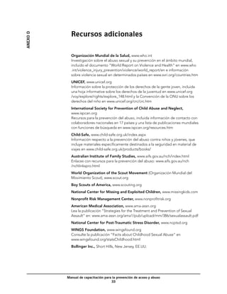 Recursos adicionales
Anexo D




            Organización Mundial de la Salud, www.who.int
            Investigación sobre el abuso sexual y su prevención en el ámbito mundial,
            incluido el documento “World Report on Violence and Health” en www.who
            .int/violence_injury_prevention/violence/world_report/en e información
            sobre violencia sexual en determinados países en www.svri.org/countries.htm
            UNICEF, www.unicef.org
            Información sobre la protección de los derechos de la gente joven, incluida
            una hoja informative sobre los derechos de la juventud en www.unicef.org
            /voy/explore/rights/explore_148.html y la Convención de la ONU sobre los
            derechos del niño en www.unicef.org/crc/crc.htm
            International Society for Prevention of Child Abuse and Neglect,
            www.ispcan.org
            Recursos para la prevención del abuso, incluida información de contacto con
            colaboradores nacionales en 17 países y una lista de publicaciones mundiales
            con funciones de búsqueda en www.ispcan.org/resources.htm
            Child-Safe, www.child-safe.org.uk/index.aspx
            Información respecto a la prevención del abuso contra niños y jóvenes, que
            incluye materiales específicamente destinados a la seguridad en material de
            viajes en www.child-safe.org.uk/products/books/
            Australian Institute of Family Studies, www.aifs.gov.au/nch/index.html
            Enlaces con recursos para la prevención del abuso: www.aifs.gov.au/nch
            /nchlinkspro.html
            World Organization of the Scout Movement (Organización Mundial del
            Movimiento Scout), www.scout.org
            Boy Scouts of America, www.scouting.org
            National Center for Missing and Exploited Children, www.missingkids.com
            Nonprofit Risk Management Center, www.nonprofitrisk.org
            American Medical Association, www.ama-assn.org
            Lea la publicación “Strategies for the Treatment and Prevention of Sexual
            Assault” en: www.ama-assn.org/ama1/pub/upload/mm/386/sexualassault.pdf
            National Center for Post-Traumatic Stress Disorder, www.ncptsd.org
            WINGS Foundation, www.wingsfound.org
            Consulte la publicación “Facts about Childhood Sexual Abuse” en
            www.wingsfound.org/statsChildhood.html
            Bollinger Inc., Short Hills, New Jersey, EE.UU.




          Manual de capacitación para la prevención de acoso y abuso
                                     33
 