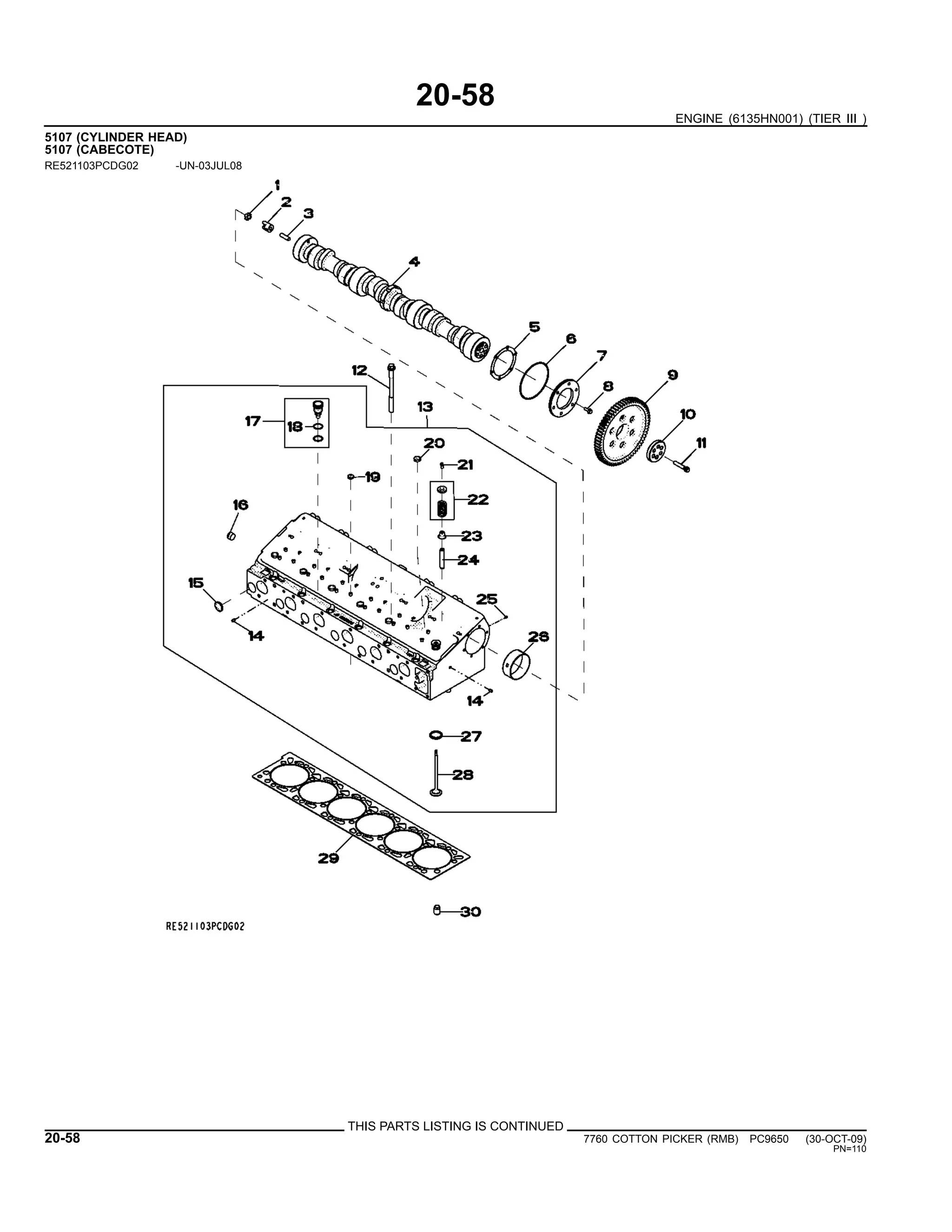 20-58
ENGINE (6135HN001) (TIER III )
5107 (CYLINDER HEAD)
5107 (CABECOTE)
RE521103PCDG02 -UN-03JUL08
THIS PARTS LISTING IS CONTINUED
20-58 7760 COTTON PICKER (RMB) PC9650 (30-OCT-09)
PN=110
 