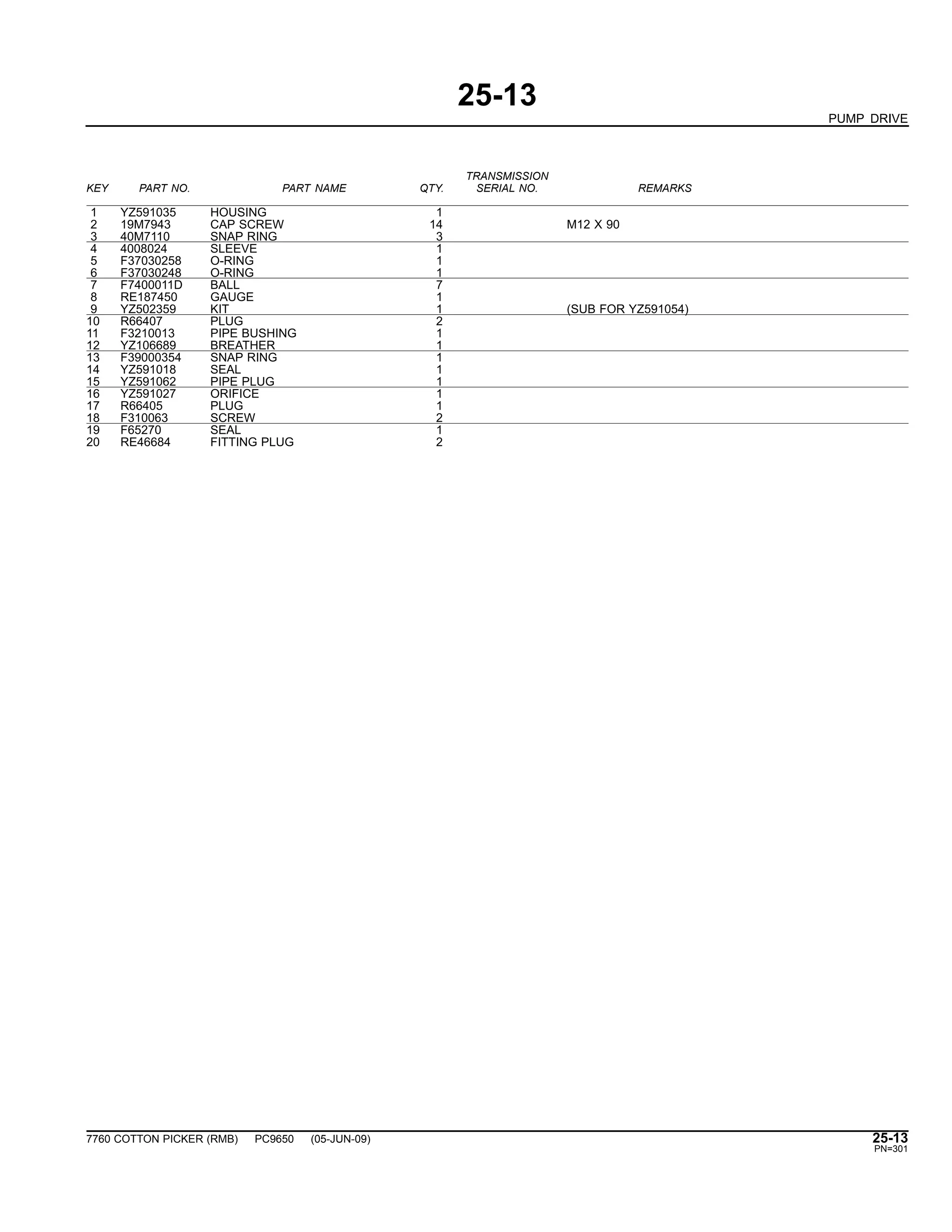 25-13
PUMP DRIVE
TRANSMISSION
KEY PART NO. PART NAME QTY. SERIAL NO. REMARKS
1 YZ591035 HOUSING 1
2 19M7943 CAP SCREW 14 M12 X 90
3 40M7110 SNAP RING 3
4 4008024 SLEEVE 1
5 F37030258 O-RING 1
6 F37030248 O-RING 1
7 F7400011D BALL 7
8 RE187450 GAUGE 1
9 YZ502359 KIT 1 (SUB FOR YZ591054)
10 R66407 PLUG 2
11 F3210013 PIPE BUSHING 1
12 YZ106689 BREATHER 1
13 F39000354 SNAP RING 1
14 YZ591018 SEAL 1
15 YZ591062 PIPE PLUG 1
16 YZ591027 ORIFICE 1
17 R66405 PLUG 1
18 F310063 SCREW 2
19 F65270 SEAL 1
20 RE46684 FITTING PLUG 2
7760 COTTON PICKER (RMB) PC9650 (05-JUN-09) 25-13
PN=301
 