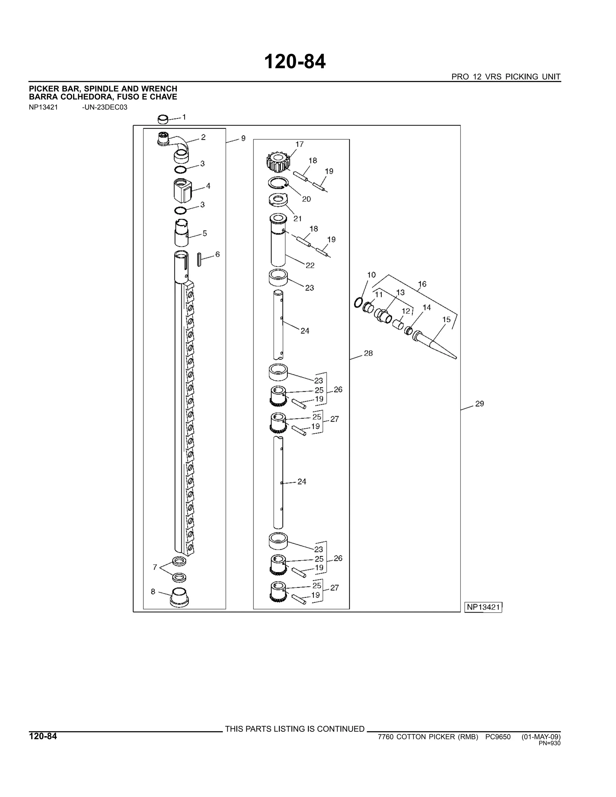 120-84
PRO 12 VRS PICKING UNIT
PICKER BAR, SPINDLE AND WRENCH
BARRA COLHEDORA, FUSO E CHAVE
NP13421 -UN-23DEC03
THIS PARTS LISTING IS CONTINUED
120-84 7760 COTTON PICKER (RMB) PC9650 (01-MAY-09)
PN=930
 