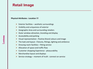 Lontessa
Physical Attributes : Location !!!
 Exterior facilities – aesthetic surroundings
 Visibility and uniqueness of exterior
 Geographic Area and surrounding retailers
 Outer window attraction, branding and display
 Accessibility and parking
 Visual representation : Positive Brand colours and image
 The look and layout : Fixtures, fittings, lighting and ambience
 Dressing room facilities – fitting service
 Allocation of space and traffic flow
 Customer shopping Experience - pleasurability
 Merchandise layout and displays
 Service strategy – moment of truth : connect on service
Retail Image
 