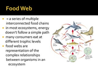  = a series of multiple
interconnected food chains.
 in most ecosystems, energy
doesn’t follow a simple path
 many consumers eat at
different trophic levels
 food webs are
representation of the
complex relationships
between organisms in an
ecosystem
 