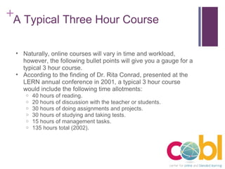A Typical Three Hour Course Naturally, online courses will vary in time and workload, however, the following bullet points will give you a gauge for a typical 3 hour course.  According to the finding of Dr. Rita Conrad, presented at the LERN annual conference in 2001, a typical 3 hour course would include the following time allotments: 40 hours of reading. 20 hours of discussion with the teacher or students. 30 hours of doing assignments and projects. 30 hours of studying and taking tests. 15 hours of management tasks. 135 hours total (2002). 