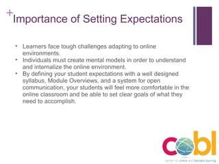 Importance of Setting Expectations Learners face tough challenges adapting to online environments. Individuals must create mental models in order to understand and internalize the online environment.  By defining your student expectations with a well designed syllabus, Module Overviews, and a system for open communication, your students will feel more comfortable in the online classroom and be able to set clear goals of what they need to accomplish. 