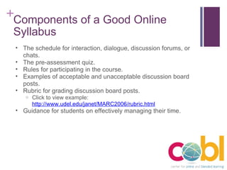 Components of a Good Online Syllabus The schedule for interaction, dialogue, discussion forums, or chats. The pre-assessment quiz. Rules for participating in the course. Examples of acceptable and unacceptable discussion board posts. Rubric for grading discussion board posts.  Click to view example:  http://www.udel.edu/janet/MARC2006/rubric.html Guidance for students on effectively managing their time. 
