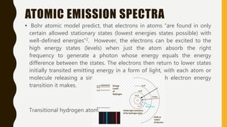 ATOMIC EMISSION SPECTRA
• Bohr atomic model predict, that electrons in atoms “are found in only
certain allowed stationary states (lowest energies states possible) with
well-defined energies”2. However, the electrons can be excited to the
high energy states (levels) when just the atom absorb the right
frequency to generate a photon whose energy equals the energy
difference between the states. The electrons then return to lower states
initially transited emitting energy in a form of light, with each atom or
molecule releasing a single photon of light for each electron energy
transition it makes.
Transitional hydrogen atom
 