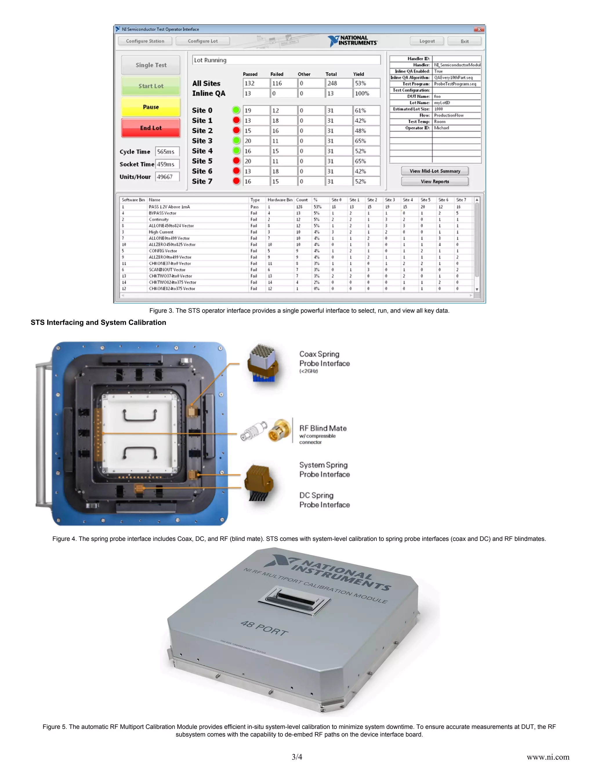 3/4 www.ni.com
Figure 3. The STS operator interface provides a single powerful interface to select, run, and view all key data.
STS Interfacing and System Calibration
Figure 4. The spring probe interface includes Coax, DC, and RF (blind mate). STS comes with system-level calibration to spring probe interfaces (coax and DC) and RF blindmates.
Figure 5. The automatic RF Multiport Calibration Module provides efficient in-situ system-level calibration to minimize system downtime. To ensure accurate measurements at DUT, the RF
subsystem comes with the capability to de-embed RF paths on the device interface board.
 