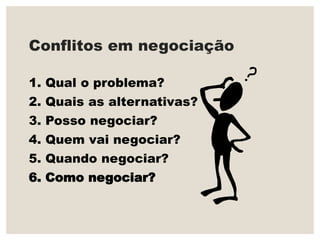 Conflitos em negociação
1. Qual o problema?
2. Quais as alternativas?
3. Posso negociar?
4. Quem vai negociar?
5. Quando negociar?
6. Como negociar?
 
