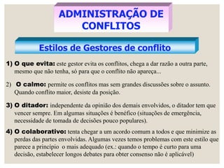 ADMINISTRAÇÃO DE
CONFLITOS
Estilos de Gestores de conflito
1) O que evita: este gestor evita os conflitos, chega a dar razão a outra parte,
mesmo que não tenha, só para que o conflito não apareça...
2) O calmo: permite os conflitos mas sem grandes discussões sobre o assunto.
Quando conflito maior, desiste da posição.
3) O ditador: independente da opinião dos demais envolvidos, o ditador tem que
vencer sempre. Em algumas situações é benéfico (situações de emergência,
necessidade de tomada de decisões pouco populares).
4) O colaborativo: tenta chegar a um acordo comum a todos e que minimize as
perdas das partes envolvidas. Algumas vezes temos problemas com este estilo que
parece a princípio o mais adequado (ex.: quando o tempo é curto para uma
decisão, estabelecer longos debates para obter consenso não é aplicável)
 