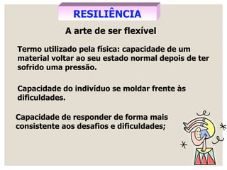 RESILIÊNCIA
A arte de ser flexível
Capacidade do indivíduo se moldar frente às
dificuldades.
Capacidade de responder de forma mais
consistente aos desafios e dificuldades;
Termo utilizado pela física: capacidade de um
material voltar ao seu estado normal depois de ter
sofrido uma pressão.
 
