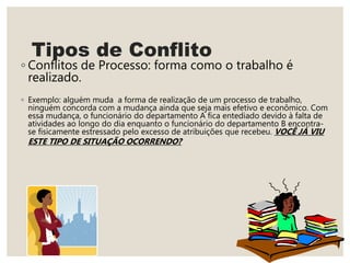 Tipos de Conflito
◦ Conflitos de Processo: forma como o trabalho é
realizado.
◦ Exemplo: alguém muda a forma de realização de um processo de trabalho,
ninguém concorda com a mudança ainda que seja mais efetivo e econômico. Com
essa mudança, o funcionário do departamento A fica entediado devido à falta de
atividades ao longo do dia enquanto o funcionário do departamento B encontra-
se fisicamente estressado pelo excesso de atribuições que recebeu. VOCÊ JÁ VIU
ESTE TIPO DE SITUAÇÃO OCORRENDO?
 