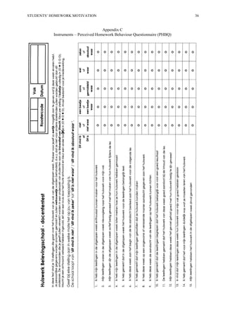 STUDENTS’ HOMEWORK MOTIVATION 36
Appendix C
Instruments – Perceived Homework Behaviour Questionnaire (PHBQ)
 