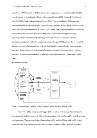 STUDENTS’ HOMEWORK MOTIVATION 4
restricted to HAVO students in the Netherlands. It is recognizable on an international level and has
been the subject of several studies. Homework purposes (Warton, 2001; Epstein & Van Voorhis,
2001; Xu, 2005), homework compliance (Cooper, 2006; Trautwein & Lüdtke, 2009), parental
involvement and learning environment (Hoover-Dempsey, Battiato, Walker, Reed, De Jong, & Jones,
2001), and achievement (Trautwein & Köller, 2003; Cooper, 2006) have been repeatedly studied and
show contradicting outcomes. As Corno (1996) states: “Homework is a complicated thing”,
explaining why the role of research in forming homework policies and practices is limited to a
minimum in comparison with other educational domains. Cooper (2006) explains this as a result of
the many complex influences on homework and the difficulties to generalize the outcomes in the
homework domain. One of these complex influences is motivation. Motivation directly influences
homework effort and homework effort is positively related to achievement (Trautwein & Lüdtke,
2009).
A homework model
Figure 1. Homework model – adapted version (Trautwein, Lüdtke, Schnyder, & Niggli, 2006).
Trautwein, Lüdtke, Schnyder, and Niggli (2006) conclude in their study about homework
compliance that students’ homework effort or homework behaviour is influenced by several variables
at the same time. They propose the use of a domain-specific, multilevel homework model. It takes
into account the three major protagonists in the homework process; teachers assigning homework,
 