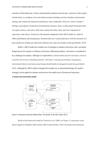 STUDENTS’ HOMEWORK MOTIVATION 6
outcomes of their behaviour. Value is represented by attention and relevance. Attention, in the context
of motivation, is a synthesis of several related concepts including curiosity, boredom, and sensation
seeking, and contains the attainment and intrinsic value components. Relevance refers to people’s
feelings or perceptions of attraction toward desired outcomes, ideas, or other people based upon their
own goals, motives, and values. Relevance contains the utility value, and costs component of
expectancy-value theory. Satisfaction, the outcome component of the ARCS model as a result of
effort, performance and consequences, illustrates that one’s actual experiences with the outcomes of a
goal oriented set of behaviors afterwards influences the value one attaches to that goal (Keller, 2010).
Keller’s ARCS model also includes sets of strategies to enhance motivation, and a systematic
design process for teachers to influence motivation. Influencing students’ motivation is considered to
be a challenge for teachers. Although it is impossible to control another person's motivation, much of
a teacher's job involves stimulating learners’ motivation. Learning environments, assignments,
instructional behavior and instructional design should ideally be designed towards this goal (Keller,
2010). Although the ARCS model is designed for broader use in instructional design, the model’s
strategies can be applied to enhance motivation to the smaller area of homework instruction.
A homework instruction model
Figure 2. Homework Instruction Model (Pater, Van Schaik, & Van Den Tweel, 2013)
Based on the homework model by Trautwein et al. (2006; see Figure 1), expectancy-value
theory (Eggles & Wigfield, 2002) and the ARCS model (Keller, 1987), the Homework Instruction
 