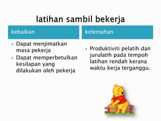 kebaikan                     kelemahan

?   Dapat menjimatkan
    masa pekerja             ?   Produktiviti pelatih dan
?   Dapat memperbetulkan         jurulatih pada tempoh
    kesilapan yang               latihan rendah kerana
    dilakukan oleh pekerja       waktu kerja terganggu.
 