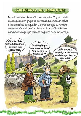 Salvemos al alimoche
 No sólo los alimoches están preocupados. Muy cerca de
 ellos se reúne un grupo de personas que intentan salvar
 a los alimoches que quedan y conseguir que su número
 aumente. Para ello, entre otras acciones, utilizarán una
 nueva tecnología que permite seguirles en su largo viaje.

 Cada vez hay                La
menos alimoches,       tecnología que
  tenemos que        usaremos se llama
   hacer algo.                                  Así sabremos
                      “transmisor de        qué peligros corren en
                        señales GPS”.        su viaje y podremos
                                                  ayudarles.




                                                             11
 