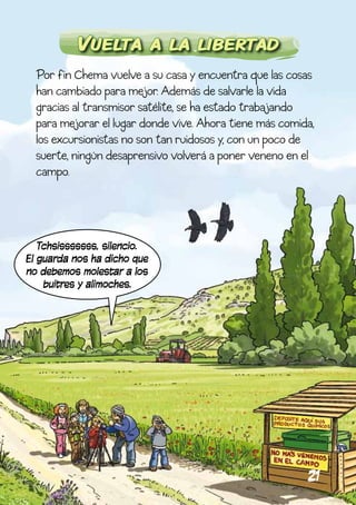 Vuelta a la libertad
  Por fin Chema vuelve a su casa y encuentra que las cosas
  han cambiado para mejor. Además de salvarle la vida
  gracias al transmisor satélite, se ha estado trabajando
  para mejorar el lugar donde vive. Ahora tiene más comida,
  los excursionistas no son tan ruidosos y, con un poco de
  suerte, ningún desaprensivo volverá a poner veneno en el
  campo.




   Tchsisssssss, silencio.
El guarda nos ha dicho que
no debemos molestar a los
    buitres y alimoches.




                                                         21
 