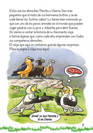 Estos son los alimoches Pancha y Chema. Son más
pequeños que el resto de sus hermanos buitres y se les
suele llamar los “buitres sabios”. Lo tienen bien merecido ya
que son uno de los pocos animales en el mundo que pueden
coger piedras con su pico y utilizarlas para abrir huevos.
Os vamos a contar la historia de su fascinante viaje
a tierras lejanas que, como cada año, emprenden con todos
sus compañeros alimoches.
El viaje que aquí os contamos guarda algunas sorpresas..
¡Pasa la página y viaja muy lejos!




                  ¡Hola! yo soy Pancha y
                       él es Chema.
                                                           1
 