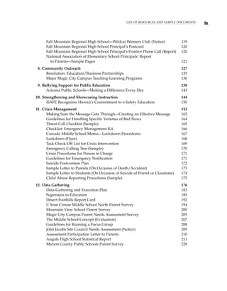 ix
LIST OF RESOURCES AND SAMPLE DOCUMENTS
Fall Mountain Regional High School—Wildcat Winners Club (Notice) 119
Fall Mountain Regional High School Principal’s Postcard 120
Fall Mountain Regional High School Principal’s Positive Phone Call (Report) 120
National Association of Elementary School Principals’ Report
to Parents—Sample Pages 121
8. Community Outreach 127
Resolution: Education/Business Partnerships 135
Major Magic City Campus Teaching-Learning Programs 136
9. Rallying Support for Public Education 138
Arizona Public Schools—Making a Difference Every Day 143
10. Strengthening and Showcasing Instruction 144
iSAFE Recognizes Hawaii’s Commitment to e-Safety Education 150
11. Crisis Management 153
Making Sure the Message Gets Through—Creating an Effective Message 162
Guidelines for Handling Specific Varieties of Bad News 164
Threat Call Checklist (Sample) 165
Checklist: Emergency Management Kit 166
Cascade Middle School Memo—Lockdown Procedures 167
Lockdown (Flyer) 168
Task Check-Off List for Crisis Intervention 169
Emergency Calling Tree (Sample) 170
Crisis Procedures for Person in Charge 171
Guidelines for Emergency Notification 171
Suicide Postvention Plan 172
Sample Letter to Parents (On Occasion of Death/Accident) 173
Sample Letter to Students (On Occasion of Suicide of Friend or Classmate) 174
Child Abuse Reporting Procedures (Sample) 175
12. Data Gathering 176
Data-Gathering and Execution Plan 183
Superstars in Education 185
Desert Foothills Report Card 192
L’Anse Creuse Middle School North Parent Survey 194
Mountain View School Parent Survey 200
Magic City Campus Parent Needs Assessment Survey 205
The Middle School Concept (Evaluation) 207
Guidelines for Running a Focus Group 208
John Jacobs Site Council Needs Assessment (Notice) 209
Assessment Participation Letter to Parents 210
Angola High School Statistical Report 211
Marion County Public Schools Parent Survey 228
 