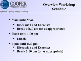 Overview WorkshopOverview Workshop
ScheduleSchedule
• 9 am until Noon
 Discussion and Exercises
 Break 10:30 am (or as appropriate)
• Noon until 1:00 pm
 Lunch
• 1 pm until 4:30 pm
 Discussion and Exercises
 Break 3:00 pm (or as appropriate)
 