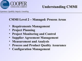 CMMI Level 2 – Managed: Process AreasCMMI Level 2 – Managed: Process Areas
• Requirements Management
• Project Planning
• Project Monitoring and Control
• Supplier Agreement Management
• Measurement and Analysis
• Process and Product Quality Assurance
• Configuration Management
Understanding CMMIUnderstanding CMMI
 