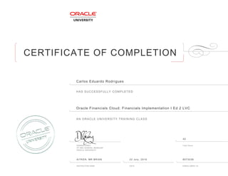 CERTIFICATE OF COMPLETION
HAS SUCCESSFULLY COMPLETED
AN ORACLE UNIVERSITY TRAINING CLASS
DAMIEN CAREY Total Hours
VP AND GENERAL MANAGER
ORACLE UNIVERSITY
INSTRUCTOR NAME DATE ENROLLMENT ID
Carlos Eduardo Rodrigues
Oracle Financials Cloud: Financials Implementation I Ed 2 LVC
AITKEN, MR BRIAN 22 July, 2016 8073236
40
 