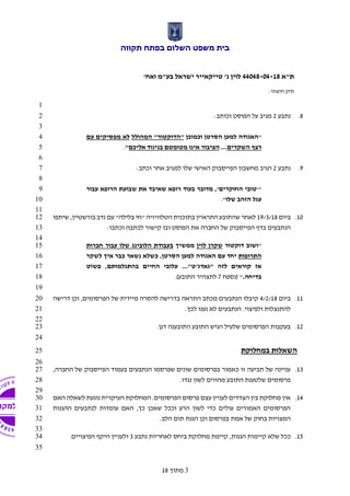 ‫תקווה‬ ‫בפתח‬ ‫השלום‬ ‫משפט‬ ‫בית‬
‫ת"א‬44048-04-18'‫ואח‬ ‫בע"מ‬ ‫ישראל‬ ‫טייקאייר‬ '‫נ‬ ‫לוין‬
:‫חיצוני‬ ‫תיק‬
3‫מתוך‬18
1
8.‫נתבע‬2:‫וכותב‬ ‫הפוסט‬ ‫על‬ ‫מגיב‬2
3
"‫וכמובן‬ ‫הסרטן‬ ‫למען‬ ‫האגודה‬‫המהולל‬ "‫"הדוקטור‬‫עם‬ ‫מפסיקים‬ ‫לא‬4
‫השקרים‬ ‫רצף‬...‫מטומטם‬ ‫אינו‬ ‫הציבור‬‫אליכם‬ ‫בניגוד‬".5
6
9.‫נתבע‬2:‫וכתב‬ ‫אחר‬ ‫למגיב‬ ‫שלו‬ ‫האישי‬ ‫הפייסבוק‬ ‫מחשבון‬ ‫הגיב‬7
8
'"‫עבור‬ ‫הרופא‬ ‫שבועת‬ ‫את‬ ‫שאיבד‬ ‫רופא‬ ‫בעוד‬ ‫מדובר‬ ,'‫החוקרים‬ ‫טובי‬9
‫שלו‬ ‫הזהב‬ ‫עגל‬."10
11
10.‫ביום‬19/3/18‫שיתפו‬ ,‫בורשטיין‬ ‫נדב‬ ‫עם‬ "‫בלילה‬ ‫"חי‬ ‫הטלוויזיה‬ ‫בתוכנית‬ ‫התראיין‬ ‫שהתובע‬ ‫לאחר‬12
‫של‬ ‫הפייסבוק‬ ‫בדף‬ ‫הנתבעים‬:‫וכתבו‬ ‫לכתבה‬ ‫קישור‬ ‫ובו‬ ‫הפוסט‬ ‫את‬ ‫החברה‬13
14
"‫דוקטור‬ ‫ושוב‬‫לוין‬ ‫שקרן‬‫ממשיך‬‫חברות‬ ‫עבור‬ ‫שלו‬ ‫הלובינג‬ ‫בעבודת‬15
‫התרופות‬‫לשקר‬ ‫איך‬ ‫כבר‬ ‫נשאר‬ ‫כשלא‬ ,‫הסרטן‬ ‫למען‬ ‫האגודה‬ ‫עם‬ ‫יחד‬16
‫פשוט‬ ,‫בהתגלמותם‬ ‫החיים‬ ‫עלובי‬ ..."‫"גאדג'ט‬ ‫לזה‬ ‫קוראים‬ ‫אז‬17
.‫בדיחה‬‫(נספח‬ "7.)‫התובע‬ ‫לתצהיר‬18
19
11.‫ביום‬4/2/18‫דרישה‬ ‫וכן‬ ,‫הפרסומים‬ ‫של‬ ‫מיידית‬ ‫להסרה‬ ‫בדרישה‬ ‫התראה‬ ‫מכתב‬ ‫הנתבעים‬ ‫קיבלו‬20
.‫לכך‬ ‫נענו‬ ‫לא‬ ‫הנתבעים‬ .‫ולפיצוי‬ ‫להתנצלות‬21
22
12..‫דנן‬ ‫התובענה‬ ‫התובע‬ ‫הגיש‬ ‫שלעיל‬ ‫הפרסומים‬ ‫בעקבות‬23
24
‫במחלוקת‬ ‫השאלות‬25
26
13.,‫החברה‬ ‫של‬ ‫הפייסבוק‬ ‫בעמוד‬ ‫הנתבעים‬ ‫שפרסמו‬ ‫שונים‬ ‫בפרסומים‬ ‫כאמור‬ ‫זו‬ ‫תביעה‬ ‫של‬ ‫עניינה‬27
.‫נגדו‬ ‫לשון‬ ‫מהווים‬ ‫התובע‬ ‫שלטענת‬ ‫פרסומים‬28
29
14.‫האם‬ ‫לשאלה‬ ‫נוגעת‬ ‫העיקרית‬ ‫המחלוקת‬ .‫הפרסומים‬ ‫פרסום‬ ‫עצם‬ ‫לעניין‬ ‫הצדדים‬ ‫בין‬ ‫מחלוקת‬ ‫אין‬30
‫ההגנות‬ ‫לנתבעים‬ ‫עומדות‬ ‫האם‬ ,‫כך‬ ‫שאכן‬ ‫וככל‬ ‫הרע‬ ‫לשון‬ ‫כדי‬ ‫עולים‬ ‫האמורים‬ ‫הפרסומים‬31
.‫הלב‬ ‫תום‬ ‫הגנת‬ ‫וכן‬ ‫בפרסום‬ ‫אמת‬ ‫של‬ ‫בחוק‬ ‫המצויות‬32
33
15.‫קיימ‬ ‫שלא‬ ‫ככל‬‫נתבע‬ ‫לאחריות‬ ‫ביחס‬ ‫מחלוקת‬ ‫קיימת‬ ,‫הגנות‬ ‫ות‬3.‫הפיצויים‬ ‫היקף‬ ‫ולעניין‬34
35
 