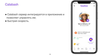 Calabash
! Calabash сервер интегрируется в приложение и
позволяет управлять им;
! быстрая скорость.
14
 