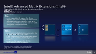 Tiled Matrix Multiplication Accelerator -Data
Center
AMX architecture has two
components:
Tiles
TMUL




Set of matrix multiplication instructions, the first
(oApeMratXor)s on TILEs
A MAC computation grid calculates ‘tiles’ of data
TMUL –performs Matrix ADD-Multiplication
(C=+A*C)
using three Tile registers (T2=+T1*T0)
TMUL requires TILE to be present
A new expandable 2D register ﬁle –8 new
registers, 1Kb each: T0-T7 Register ﬁle supports
basic data operators –load/store, clear, set to
constant, etc. TILES declares the state and is OS-
managed by XSAVE architecture
•
•
•
C A B
C1
C2
A1
A2
B
1
+
=
Intel® Advanced Matrix Extensions (Intel®
AMX)
x
Express more work per instruction and per
µop – save power for fetch/decode/OOO
48
 