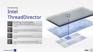 Introducing
Intel
ThreadDirector
Scheduling Examples
1
2
3
4
AI thread prioritized on P-
core
Priority tasks scheduled on P-
cores
Spin loop wait moved from P toE-
core
Background tasks scheduled on E-
cores
63
 