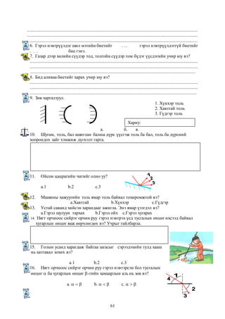 ...................................................................................................................................................... 
...................................................................................................................................................... 
...................................................................................................................................................... 
6. Гэрэл нэвтрүүлдэг шил мэтийн биетийг . . . гэрэл нэвтрүүлдэггүй биетийг 
. . . бие гэнэ. 
7. Газар дээр хөлийн сүүдэр тод, толгойн сүүдэр том бүдэг үүсдэгийн учир юу вэ? 
.................................................................................................................................................... 
.................................................................................................................................................... 
.................................................................................................................................................. 
8. Бид аливаа биетийг харах учир юу вэ? 
.................................................................................................................................................... 
.................................................................................................................................................... 
................................................................................................................................................... 
9. Зөв харгалзуул. 
61 
1. Хүнхэр толь 
2. Хавтгай толь 
3. Гүдгэр толь 
Хариу: 
а. б. в. 
10. Шугам, толь, бал ашиглан балны дүрс үүсгэж толь ба бал, толь ба дүрсний 
хоорондох зайг хэмжиж дүгнэлт гарга. 
11. Ойсон цацрагийн чигийг олно уу? 
а.1 b.2 c.3 
12. Машины хажуугийн толь ямар толь байвал тохиромжтой вэ? 
а.Хавтгай b.Хүнхэр c.Гүдгэр 
13. Устай саванд хийсэн харандааг ажигла. Энэ ямар үзэгдэл вэ? 
а.Гэрэл шулуун тархах b.Гэрэл ойх c.Гэрэл хугарах 
14. Нягт орчноос сийрэг орчин руу гэрэл нэвтрэх үед тусгалын өнцөг ихсээд байвал 
хугарлын өнцөг яаж өөрчлөгдөх вэ? Учрыг тайлбарла. 
15. Голын усанд харагдаж байгаа загасыг сэрээдэхийн тулд хааш 
нь хатгавал зохих вэ? 
а.1 b.2 c.3 
16. Нягт орчноос сийрэг орчин руу гэрэл нэвтэрсэн бол тусгалын 
өнцөг  ба хугарлын өнцөг -гийн хамаарлын аль нь зөв вэ? 
а.    b.    c.    
 