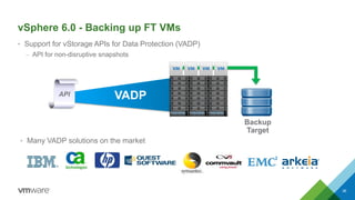 VADP
vSphere 6.0 - Backing up FT VMs
• Support for vStorage APIs for Data Protection (VADP)
– API for non-disruptive snapshots
36
API
Backup
Target
• Many VADP solutions on the market
 