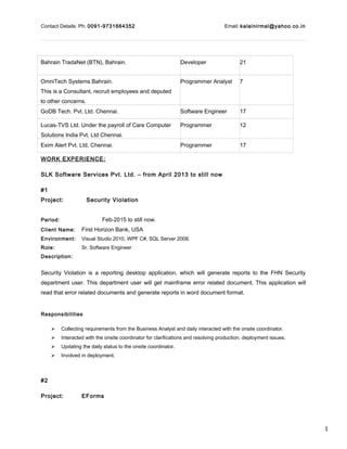 1
Contact Details: Ph: 0091-9731664352 Email: kalainirmal@yahoo.co.in
Bahrain TradaNet (BTN), Bahrain. Developer 21
OmniTech Systems Bahrain.
This is a Consultant, recruit employees and deputed
to other concerns.
Programmer Analyst 7
GoDB Tech. Pvt. Ltd. Chennai. Software Engineer 17
Lucas-TVS Ltd. Under the payroll of Care Computer
Solutions India Pvt. Ltd Chennai.
Programmer 12
Exim Alert Pvt. Ltd, Chennai. Programmer 17
WORK EXPERIENCE:
SLK Software Services Pvt. Ltd. – from April 2013 to still now
#1
Project: Security Violation
Period: Feb-2015 to still now.
Client Name: First Horizon Bank, USA
Environment: Visual Studio 2010, WPF C#, SQL Server 2008.
Role: Sr. Software Engineer
Description:
Security Violation is a reporting desktop application, which will generate reports to the FHN Security
department user. This department user will get mainframe error related document. This application will
read that error related documents and generate reports in word document format.
Responsibilities
 Collecting requirements from the Business Analyst and daily interacted with the onsite coordinator.
 Interacted with the onsite coordinator for clarifications and resolving production, deployment issues.
 Updating the daily status to the onsite coordinator.
 Involved in deployment.
#2
Project: EForms
 