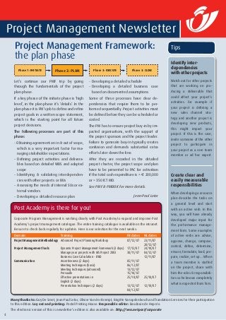 Post Academy is there for you!
Corporate Program Management is working closely with Post Academy to expand and improve Post
Academy’s project management catalogue. The entire training catalogue is available on the intranet.
Be sure to check back regularly for updates. Here is our selection for the next weeks:
Many thanks to: Guy De Smet, Jean-Paul Letor, Olivier Van der Brempt, Brigitte Vanopdenbosch and Translation Services for their participation
to this edition. Lay out and printing: Postal Printing House. Responsible editor: Baudouin de Hepcée.
The electronic version of this is newsletter’s edition is also available on: http://wss.netpost/corporate
Let’s continue our PMF trip by going
through the fundamentals of the project
plan phase.
If a key phrase of the initiate phase is ‘high
level’, in the plan phase it’s ‘details’. In the
plan phase it is PM’s job to define and refine
project goals in a written scope statement,
which is the starting point for all future
project decisions.
The following processes are part of this
phase:
- Obtaining agreement on in & out of scope,
which is a very important factor for ma-
naging stakeholder expectations.
-	 Defining project activities and delivera-
bles based on detailed WBS and adapted
scope
-	 Identifying & validating interdependen-
cies with other projects or BUs
-	 Assessing the needs of internal SUs or ex-
ternal vendors
-	 Developing a detailed resource plan
-	 Developing a detailed schedule
-	 Developing a detailed business case
based on documented assumptions
Some of these processes have clear de-
pendencies that require them to be per-
formed sequentially. Project activities must
be defined before they can be scheduled or
costed.
The PM has to ensure project buy-in by im-
pacted organisations, with the support of
the project sponsors and the project leader.
Failure to generate buy-in typically creates
confusion and demands substantial extra
efforts later down the line.
After they are recorded in the detailed
project charter, the project scope and plan
have to be presented to PAC for activation
if the total cash expenditure is > € 200,000
or > 350 ICT MD.
See PMF & PMBOK for more details.
Jean-Paul Letor
Tips
Identify inter-
dependencies
with other projects
Watch out for other projects
that are working on pro-
ducing a deliverable that
could affect your project’s
activities. For example if
your project is defining a
new sales channel stra-
tegy and another project is
developing new products,
this might impact your
project. If this is the case,
invite someone of the other
project to participate in
your project as a core team
member or ad hoc expert.
Create clear and
easily measurable
responsibilities
When developing a resource
plan describe the tasks on
a general level and start
with an active verb. In this
way, you will have already
developed major input for
the performance manage-
ment form. Some examples
of active verbs are: advise,
approve, change, compose,
control, define, determine,
ensure, formulate, lead, pre-
pare, realize, set up… When
a team member is staffed
on the project, share with
him the roles & responsibili-
ties so he knows completely
what is expected from him.
Phase 1: INITIATE Phase 2: PLAN Phase 3: EXECUTE Phase 3: CLOSE
4
Project Management Newsletter
Project Management Framework:
the plan phase
Domain	 Training	 FR dates	 NL dates
Project Management Methodology	 Advanced Project Planning Workshop	 07/12/07	 23/11/07	
	 	 	 20/12/07
Project Management Tools	 Dynamic Project Management Framework (3 days)	 17/12/07	 24/10/07
	 Manage your projects with MS Project 2003 	 30/11/07	 04/12/07
	 Business Case Calculation - IFBD	 	 12/11/07
Communication	 Assertiveness (2 days)	 05/11/07	
	 Meeting techniques (basic)	 06/12/07	
	 Meeting techniques (advanced)	 13/12/07	
	 Persuade	 15/10/07	
	 Effective presentations in 	 25/10/07	 25/10/07	
	 English (2 days)
	 Presentation techniques (2 days)	 13/12/07	 12/10/07
	 	 04/12/07
 