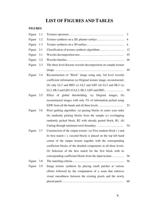 X
LIST OF FIGURES AND TABLES
FIGURES
Figure 1.1 Textures spectrum………………………………………………... 3
Figure 1.2 Texture synthesis on a 2D, planner surface …..………………….. 4
Figure 1.3 Texture synthesis on a 3D surface………………………………... 4
Figure 2.1 Classification of texture synthesis algorithms……………………. 12
Figure 3.1 Wavelet decomposition tree…….………………………………... 45
Figure 3.2 Wavelet families………………………………………………….. 46
Figure 3.3 The three level discrete wavelet decomposition on sample texture
image. ……………………………………………………………. 49
Figure 3.4 Reconstruction of “Brick” image using only 3rd level wavelet
coefficient information (a) Original texture image, reconstructed;
(b) only LL3 and HH3 (c) LL3 and LH3 (d) LL3 and HL3 (e)
LL3, HL3 and LH3 (f) LL3, HL3, LH3 and HH3... …………….. 50
Figure 3.5 Effect of global thresholding. (a) Original images, (b)
reconstructed images with only 3% of information picked using
EZW from all the bands and all three levels. …………………… 53
Figure 3.6 Pixel quilting algorithm- (a) pasting blocks in raster scan order
(b) randomly picking blocks from the sample (c) overlapping
randomly picked block, B2 with already pasted block, B1. (d)
Cutting through minimum error boundary. ……………………... 54
Figure 3.7 Construction of the output texture. (a) First random block ( ) and
its best match ( ), (second block) is placed on the top left hand
corner of the output texture together with the corresponding
coefficient blocks of the detailed components in all three levels.
(b) Selection of the best match for the first block with its
corresponding coefficient blocks from the input texture…………. 56
Figure 3.8 The matching criteria……………………………………………... 56
Figure 3.9 Image texture synthesis by placing small patches at various
offsets followed by the computation of a seam that enforces
visual smoothness between the existing pixels and the newly
placed patch. …………………………………………………….. 60
 