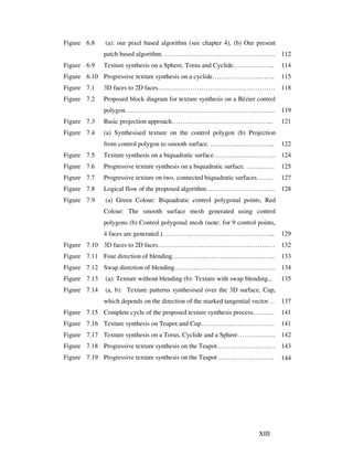 XIII
Figure 6.8 (a): our pixel based algorithm (see chapter 4), (b) Our present
patch based algorithm. …………………………………………… 112
Figure 6.9 Texture synthesis on a Sphere, Torus and Cyclide………………. 114
Figure 6.10 Progressive texture synthesis on a cyclide……………………….. 115
Figure 7.1 3D faces to 2D faces……………………………………………… 118
Figure 7.2 Proposed block diagram for texture synthesis on a Bézier control
polygon. ………………………………………………………….. 119
Figure 7.3 Basic projection approach……………………………………….. 121
Figure 7.4 (a) Synthesised texture on the control polygon (b) Projection
from control polygon to smooth surface. ………………………... 122
Figure 7.5 Texture synthesis on a biquadratic surface……………………….. 124
Figure 7.6 Progressive texture synthesis on a biquadratic surface. …………. 125
Figure 7.7 Progressive texture on two, connected biquadratic surfaces…….. 127
Figure 7.8 Logical flow of the proposed algorithm………………………….. 128
Figure 7.9 (a) Green Colour: Biquadratic control polygonal points, Red
Colour: The smooth surface mesh generated using control
polygons (b) Control polygonal mesh (note: for 9 control points,
4 faces are generated.). …………………………………………... 129
Figure 7.10 3D faces to 2D faces……………………………………………… 132
Figure 7.11 Four direction of blending………………………………………... 133
Figure 7.12 Swap direction of blending……………………………………….. 134
Figure 7.13 (a): Texture without blending (b): Texture with swap blending... 135
Figure 7.14 (a, b): Texture patterns synthesised over the 3D surface, Cup,
which depends on the direction of the marked tangential vector… 137
Figure 7.15 Complete cycle of the proposed texture synthesis process………. 141
Figure 7.16 Texture synthesis on Teapot and Cup……………………………. 141
Figure 7.17 Texture synthesis on a Torus, Cyclide and a Sphere……………... 142
Figure 7.18 Progressive texture synthesis on the Teapot……………………… 143
Figure 7.19 Progressive texture synthesis on the Teapot …………………….. 144
 