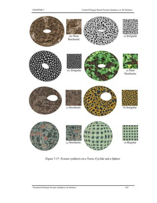CHAPTER 7 Control Polygon Based Texture Synthesis on 3D Surfaces
Transform Domain Texture Synthesis on Surfaces 142
Figure 7.17: Texture synthesis on a Torus, Cyclide and a Sphere
(a) Near
Stochastic
(c) Irregular
(b) Irregular
(d) Near
Stochastic
(g) Stochastic (h) Regular
(f) Irregular(e) Stochastic
 