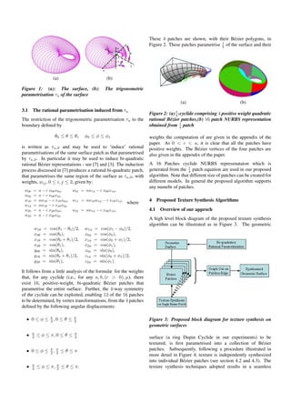 (a) (b)
Figure 1: (a): The surface, (b): The trigonometric
parametrisation τu of the surface
3.1 The rational parametrisation induced from τu
The restriction of the trigonometric parametrisation τu to the
boundary deﬁned by
θ0 ≤ θ ≤ θ1 φ0 ≤ φ ≤ φ1
is written as τu,∂ and may be used to ‘induce’ rational
parametrisations of the same surface patch as that parametrised
by τu,∂. In particular it may be used to induce bi-quadratic
rational B´ezier representations - see [7] and [3]. The induction
process discussed in [7] produces a rational bi-quadratic patch,
that parametrises the same region of the surface as τu,∂, with
weights, wij, 0 ≤ i, j ≤ 2, given by:
w00 = a − c x0θx0φ, w01 = aw1φ − c x0θx1φ,
w02 = a − c x0θx2φ
w10 = aw1θ − c x1θx0φ, w11 = aw1θw1φ − c x1θx1φ,
w12 = aw1θ − c x1θx2φ
w20 = a − c x2θx0φ, w21 = aw1φ − c x2θx1φ,
w22 = a − c x2θx2φ
where
w1θ = cos(θ1 − θ0)/2, w1φ = cos(φ1 − φ0)/2,
x0θ = cos(θ0), x0φ = cos(φ0),
x1θ = cos(θ0 + θ1)/2, x1φ = cos(φ0 + φ1)/2,
x2θ = cos(θ1), x2φ = cos(φ1),
y0θ = sin(θ0), z0φ = sin(φ0),
y1θ = sin(θ0 + θ1)/2, z1φ = sin(φ0 + φ1)/2,
y2θ = sin(θ1), z2φ = sin(φ1).
It follows from a little analysis of the formulæ for the weights
that, for any cyclide (i.e., for any a, b, (c > 0), µ), there
exist 16, positive-weight, bi-quadratic B´ezier patches that
parametrise the entire surface. Further, the 4-way symmetry
of the cyclide can be exploited, enabling 12 of the 16 patches
to be determined, by vertex transformations, from the 4 patches
deﬁned by the following angular displacements:
• 0 ≤ φ ≤ π
2 , 0 ≤ θ ≤ π
2
• π
2 ≤ φ ≤ π, 0 ≤ θ ≤ π
2
• 0 ≤ φ ≤ π
2 , π
2 ≤ θ ≤ π
• π
2 ≤ φ ≤ π, π
2 ≤ θ ≤ π.
These 4 patches are shown, with their B´ezier polygons, in
Figure 2. These patches parametrise 1
4 of the surface and their
(a) (b)
Figure 2: (a)1
4 -cyclide comprising 4 positive weight quadratic
rational B´ezier patches,(b) 16 patch NURBS representation
obtained from 1
4 patch
weights the computation of are given in the appendix of the
paper. As 0 < c < a, it is clear that all the patches have
positive weights. The B´ezier vertices of the four patches are
also given in the appendix of the paper.
A 16 Patches cyclide NURBS represenataion which is
generated from the 1
4 patch equation are used in our proposed
algorithm. Note that different size of patches can be created for
different models. In general the proposed algorithm supports
any numebr of patches.
4 Proposed Texture Synthesis Algorithms
4.1 Overview of our approch
A high level block diagram of the proposed texture synthesis
algorithm can be illustrated as in Figure 3. The geometric
Figure 3: Proposed block diagram for texture synthesis on
geometric surfaces
surface (a ring Dupin Cyclide in our experiments) to be
textured, is ﬁrst parametrised into a collection of B´ezier
patches. Subsequently, following a procedure illustrated in
more detail in Figure 4, texture is independently synthesized
into individual B´ezier patches (see section 4.2 and 4.3). The
texture synthesis techniques adopted results in a seamless
 