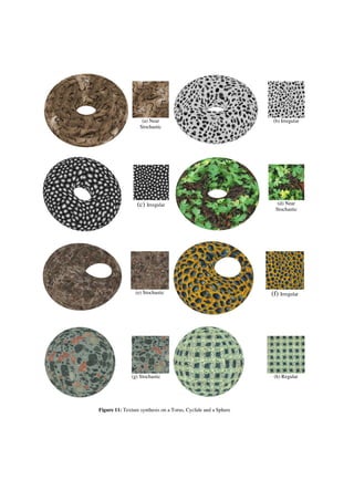 (a) Near
Stochastic
(c) Irregular
(b) Irregular
(d) Near
Stochastic
(g) Stochastic (h) Regular
(f) Irregular(e) Stochastic
Figure 11: Texture synthesis on a Torus, Cyclide and a Sphere
Figure 10:
 