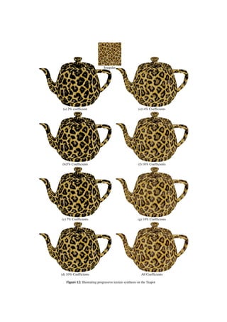 (a) 2% coefficient (e)14% Coefficients
(b)5% Coefficients (f) 16% Coefficients
(c) 7% Coefficients (g) 18% Coefficients
(d) 10% Coefficients All Coefficients
Irregular
Figure 12: Illustrating progressive texture synthesis on the Teapot
Figure 10:
 