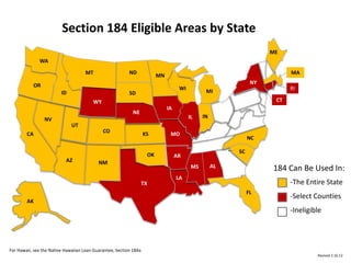 WA
OR
CA
NV
ID
MT
WY
CO
UT
NMAZ
TX
OK
KS
NE
ND
MN
WI
IL
IA
MO
AR
LA
AL
MI
NY
FL
MS
SC
NC
IN
CT
MA
ME
AK
SD
Section 184 Eligible Areas by State
Revised 2.16.12
RI
-The Entire State
-Select Counties
-Ineligible
For Hawaii, see the Native Hawaiian Loan Guarantee, Section 184a
184 Can Be Used In:
 