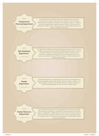 This department oversees operations and implements new industrial
techniques at our plants. They consult with the labour force and review
efficiency reports to determine whether new equipment, labour, or systems
should be implemented to improve production efforts. They ensure that
deliveries are made on time, keeping costs low, productivity rates high, and
labourers happy with their jobs.
The department mediates marketing and production departments. It focuses
on space optimization through effective Brand/Package allocation, focusing
on gaining first position, providing greatest exposure of brands to all
consumers, creating a consistent, orderly and clean appearance for the
products, maximizing the use of POS to increase consumer awareness of
brand and promotions.
The design department is responsible for the creation and management of
designs and graphics that will go ahead to become innovative products. Our
design support is based out of multiple centres in Europe, consisting of
trendy and updated designers who can cater to global tastes.
Our forward thinking human resource department is devoted to providing
effective policies, procedures, and people-friendly guidelines and support
within our organisation. Additionally, the human resource function serves to
make sure that the company’s mission, vision, values or guiding principles,
the company metrics, and the factors that keep the company guided toward
success are optimized.
Production &
Planning Department
Merchandising
Department
Design
Department
Human Resource
Department
SCM.indd 6 8/23/2012 11:38:58 AM
 