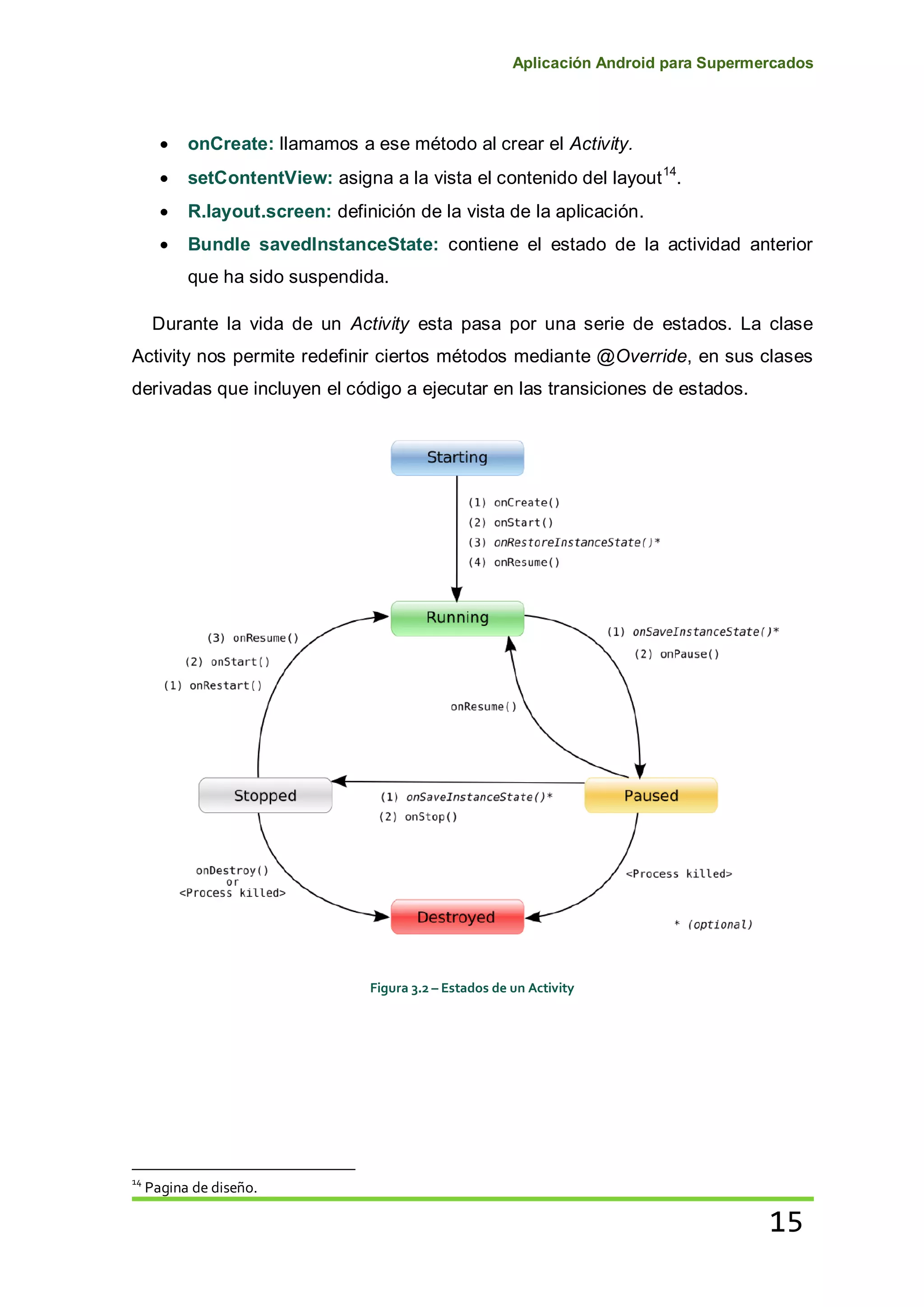 Aplicación Android para Supermercados
15
onCreate: llamamos a ese método al crear el Activity.
setContentView: asigna a la vista el contenido del layout14
.
R.layout.screen: definición de la vista de la aplicación.
Bundle savedInstanceState: contiene el estado de la actividad anterior
que ha sido suspendida.
Durante la vida de un Activity esta pasa por una serie de estados. La clase
Activity nos permite redefinir ciertos métodos mediante @Override, en sus clases
derivadas que incluyen el código a ejecutar en las transiciones de estados.
Figura 3.2 – Estados de un Activity
14
Pagina de diseño.
 