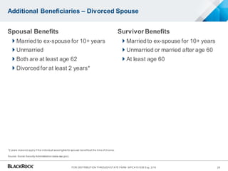 62
10
Unmarried
Spousal Benefits
 Marriedto ex-spouse for 10+ years
 Unmarried
 Both are at least age 62
 Divorcedfor at least 2 years*
Additional Beneficiaries – Divorced Spouse
*2 years doesnot apply if the individual waseligiblefor spousal benefitsat the timeof divorce.
Source: Social Security Administration(www.ssa.gov).
Spousal Benefits
 Marriedto ex-spouse for 10+ years
 Unmarried
 Both are at least age 62
 Divorcedfor at least 2 years*
Survivor Benefits
 Marriedto ex-spouse for 10+ years
 Unmarried or married after age 60
 At least age 60
26FOR DISTRIBUTION THROUGH STATE FARM MPC #151035 Exp. 3/16
 