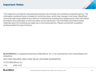 Important Notes
This material is provided for educational purposes only and does not constitute investment advice. The
information contained herein is based on current tax laws, which may change in the future. BlackRock
cannot be held responsible for any direct or incidental loss resulting from applying any of the information
provided in this publication or from any other source mentioned. The information provided in these
materials does not constitute any legal, tax or accounting advice. Please consult with a qualified
professional for this type of advice.
28
BLACKROCK is a registered trademark of BlackRock, Inc. or its subsidiaries in the United States and
elsewhere.
NOT FDIC INSURED | MAY LOSE VALUE | NO BANK GUARANTEE
© 2014 BlackRock, Inc.
1/14 USR-3107
FOR DISTRIBUTION THROUGH STATE FARM MPC #151035 Exp. 3/16
 