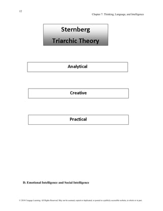 12
Chapter 7: Thinking, Language, and Intelligence
© 2018 Cengage Learning. All Rights Reserved. May not be scanned, copied or duplicated, or posted to a publicly accessible website, in whole or in part.
D. Emotional Intelligence and Social Intelligence
 