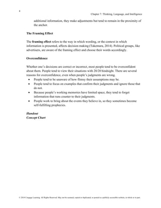 4
Chapter 7: Thinking, Language, and Intelligence
© 2018 Cengage Learning. All Rights Reserved. May not be scanned, copied or duplicated, or posted to a publicly accessible website, in whole or in part.
additional information, they make adjustments but tend to remain in the proximity of
the anchor.
The Framing Effect
The framing effect refers to the way in which wording, or the context in which
information is presented, affects decision making (Takemura, 2014). Political groups, like
advertisers, are aware of the framing effect and choose their words accordingly.
Overconfidence
Whether one’s decisions are correct or incorrect, most people tend to be overconfident
about them. People tend to view their situations with 20/20 hindsight. There are several
reasons for overconfidence, even when people’s judgments are wrong.
• People tend to be unaware of how flimsy their assumptions may be.
• People tend to focus on examples that confirm their judgments and ignore those that
do not.
• Because people’s working memories have limited space, they tend to forget
information that runs counter to their judgments.
• People work to bring about the events they believe in, so they sometimes become
self-fulfilling prophecies.
Handout
Concept Chart
 
