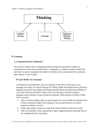 5
Chapter 7: Thinking, Language, and Intelligence
© 2018 Cengage Learning. All Rights Reserved. May not be scanned, copied or duplicated, or posted to a publicly accessible website, in whole or in part.
II. Language
A. Communication by Nonhumans
The exclusive human claim to language has been brought into question by studies of
communication with various animal species. A language is a system of symbols along with
rules that are used to manipulate the symbols. Symbols such as words stand for or represent
other objects, events, or ideas.
Do Apes Really Use Language?
A chimpanzee named Washoe, who was a pioneer in the effort to teach apes to use
language, was using 181 signs by the age of 32 (King, 2008). One chimp, Kanzi, picked up
language from observing another chimp being trained and has the grammatical abilities of
a two-and-a-half-year-old child. Critics of the view that apes can learn to produce
language, such as Herbert Terrace (Terrace & Metcalfe, 2005) and Steven Pinker (1994a,
2011), note that:
• Apes can string together signs in a given sequence to earn rewards, but animals lower
on the evolutionary ladder, such as pigeons, can also peck buttons in a certain
sequence to obtain a reward.
• It takes apes longer to learn new signs than it takes children to learn new words.
• Apes are unreliable in their sequencing of signs, suggesting that by and large they do
not comprehend rules of grammar.
Thinking
Problem
Solving Concepts
Judgment
Decision
Making
 